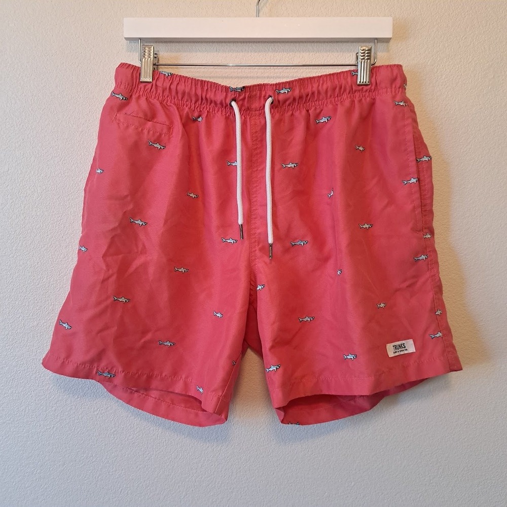 Trunks Surf & Swim Co Mens Coral Pink Shark Embroidered Swim Trunks Size Large